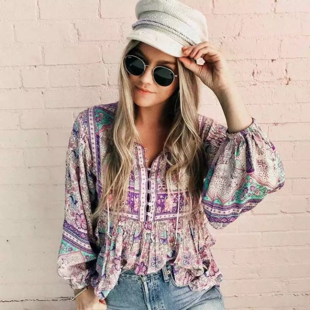 Floral Bohemian Blouse - Purple and White